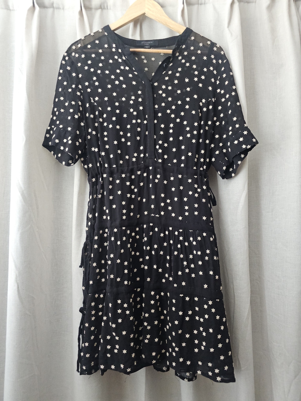 ALLSAINTS Picolina Embroidered Tier Dress Black Star Print Sheer Boho Large